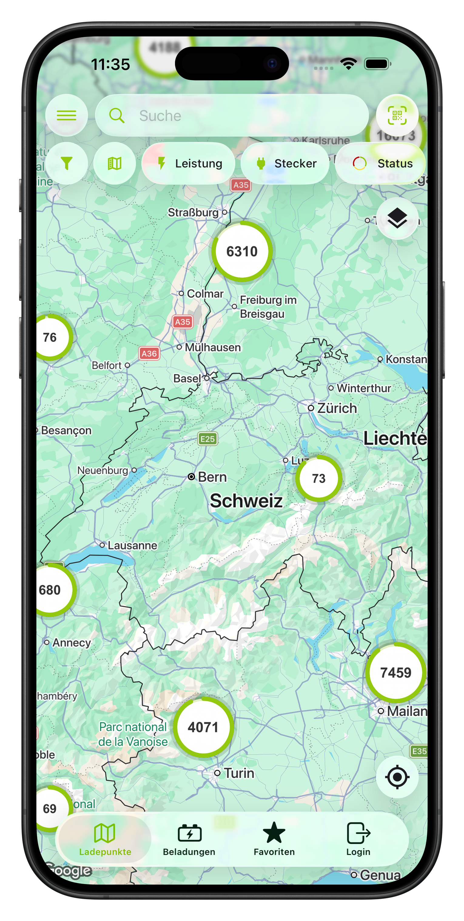 Hauptmenü der App mit über 18.000 Ladepunkten in Deutschland
