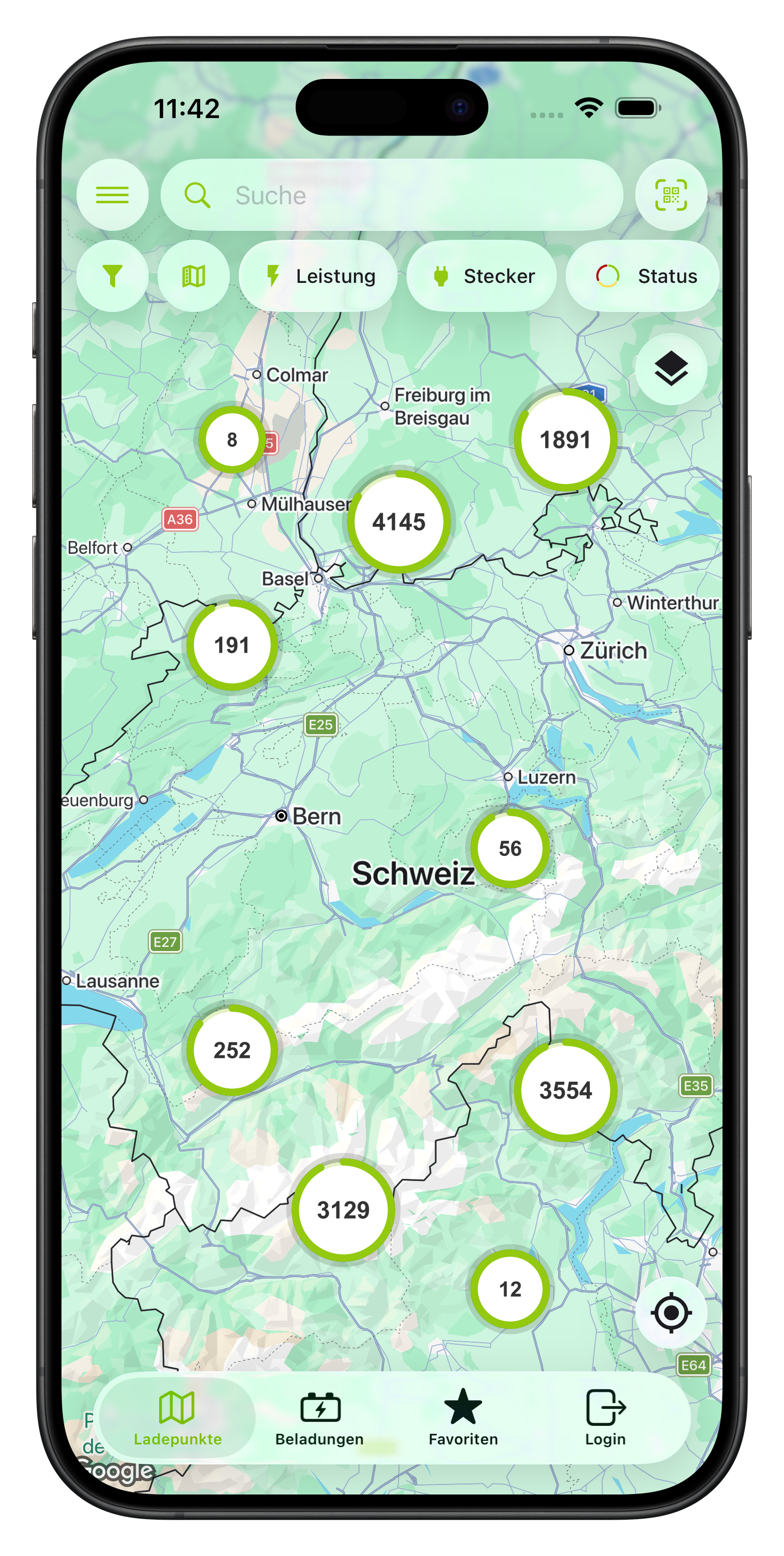 Hauptmenü der App mit über 18.000 Ladepunkten in Deutschland