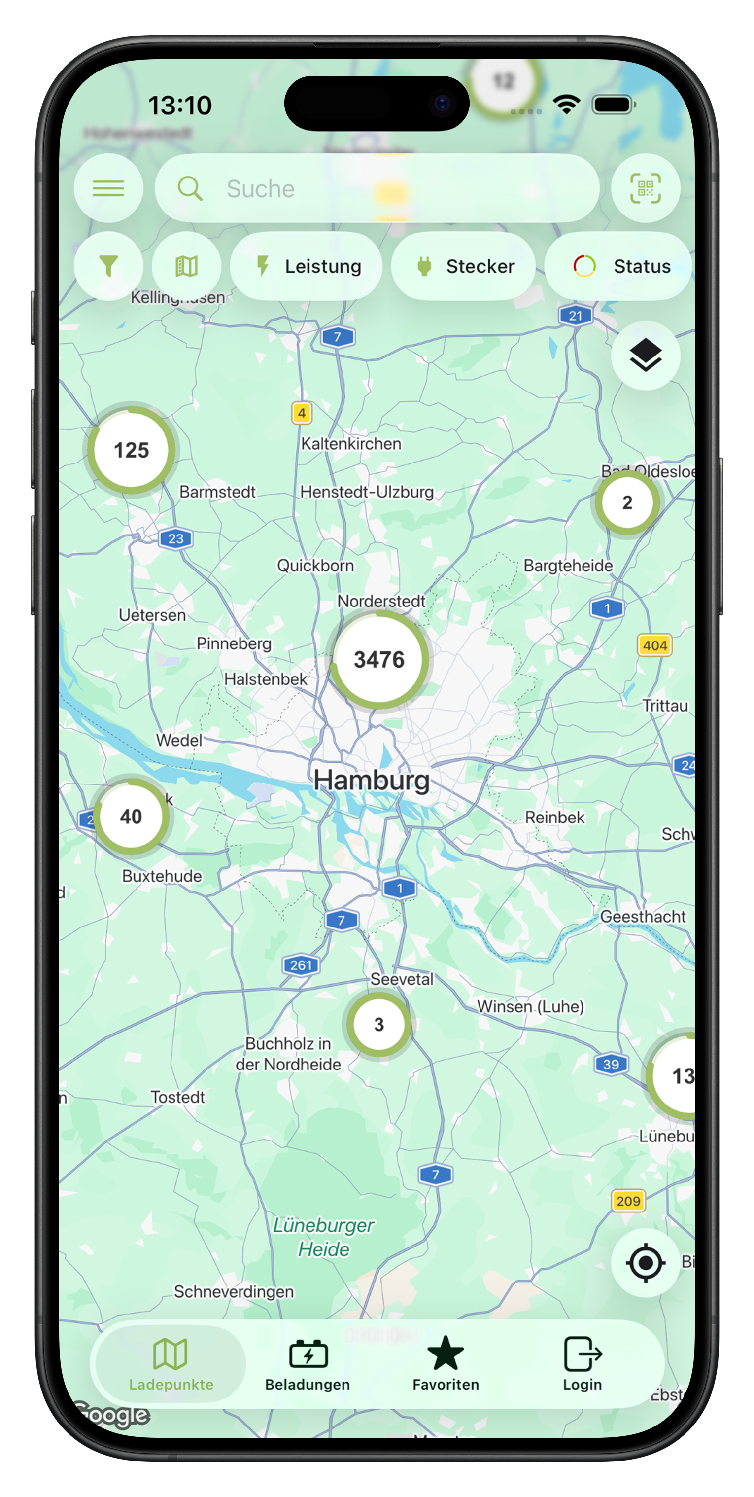 Hauptmenü der App mit über 10.000 Ladepunkten in Deutschland