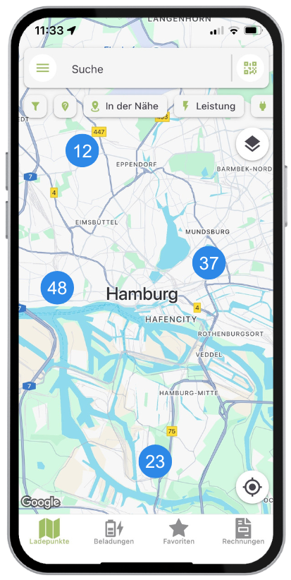 Hauptmenü der App mit über 8.000 Ladepunkten in Deutschland
